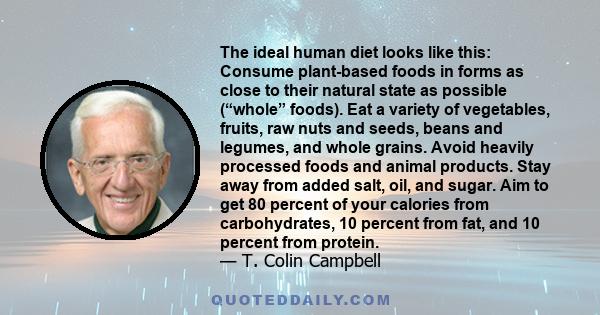 The ideal human diet looks like this: Consume plant-based foods in forms as close to their natural state as possible (“whole” foods). Eat a variety of vegetables, fruits, raw nuts and seeds, beans and legumes, and whole 