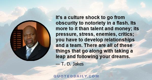 It's a culture shock to go from obscurity to notoriety in a flash. Its more to it than talent and money; its pressure, stress, enemies, critics; you have to develop relationships and a team. There are all of these