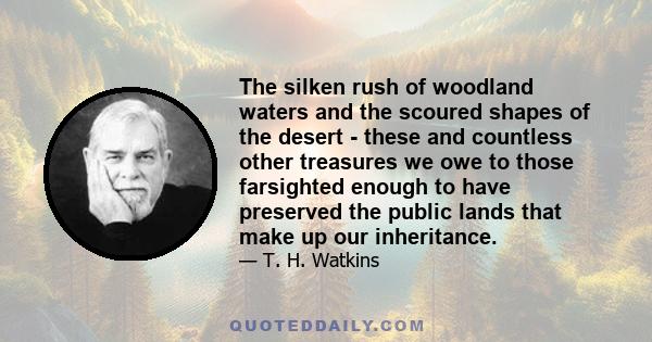 The silken rush of woodland waters and the scoured shapes of the desert - these and countless other treasures we owe to those farsighted enough to have preserved the public lands that make up our inheritance.