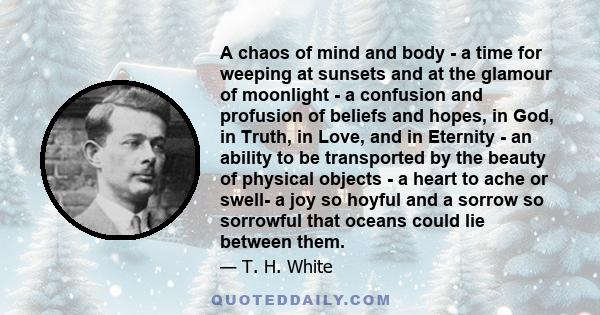 A chaos of mind and body - a time for weeping at sunsets and at the glamour of moonlight - a confusion and profusion of beliefs and hopes, in God, in Truth, in Love, and in Eternity - an ability to be transported by the 