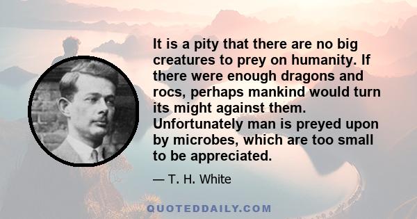 It is a pity that there are no big creatures to prey on humanity. If there were enough dragons and rocs, perhaps mankind would turn its might against them. Unfortunately man is preyed upon by microbes, which are too