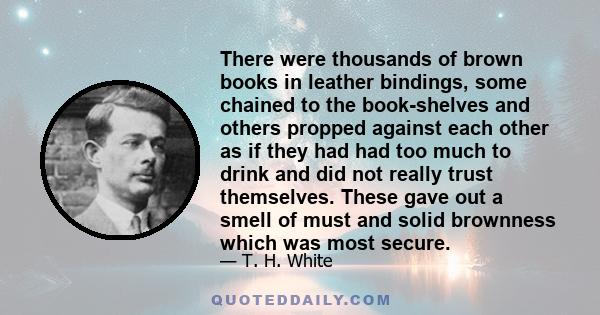 There were thousands of brown books in leather bindings, some chained to the book-shelves and others propped against each other as if they had had too much to drink and did not really trust themselves. These gave out a