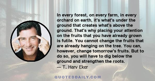 In every forest, on every farm, in every orchard on earth, it's what's under the ground that creates what's above the ground. That's why placing your attention on the fruits that you have already grown is futile. You