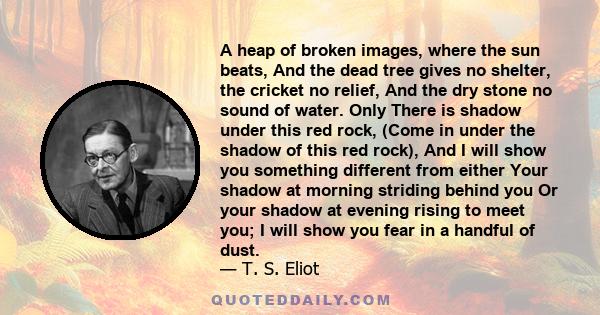 A heap of broken images, where the sun beats, And the dead tree gives no shelter, the cricket no relief, And the dry stone no sound of water. Only There is shadow under this red rock, (Come in under the shadow of this