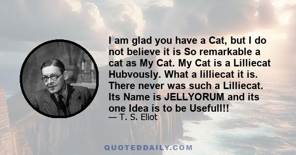 I am glad you have a Cat, but I do not believe it is So remarkable a cat as My Cat. My Cat is a Lilliecat Hubvously. What a lilliecat it is. There never was such a Lilliecat. Its Name is JELLYORUM and its one Idea is to 