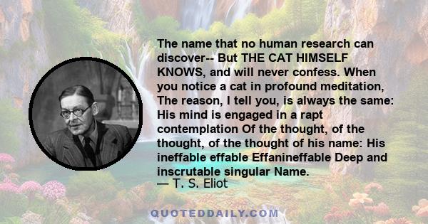 The name that no human research can discover-- But THE CAT HIMSELF KNOWS, and will never confess. When you notice a cat in profound meditation, The reason, I tell you, is always the same: His mind is engaged in a rapt