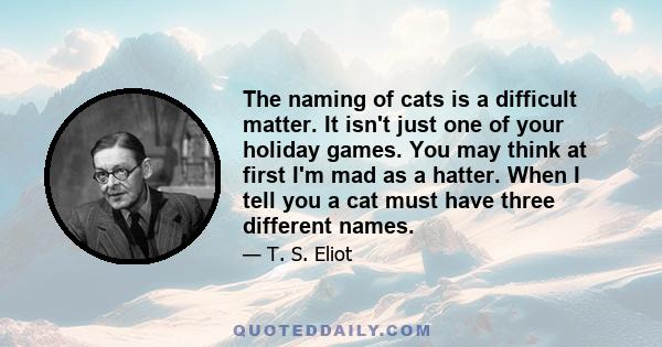 The naming of cats is a difficult matter. It isn't just one of your holiday games. You may think at first I'm mad as a hatter. When I tell you a cat must have three different names.