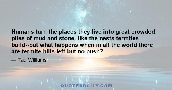 Humans turn the places they live into great crowded piles of mud and stone, like the nests termites build--but what happens when in all the world there are termite hills left but no bush?