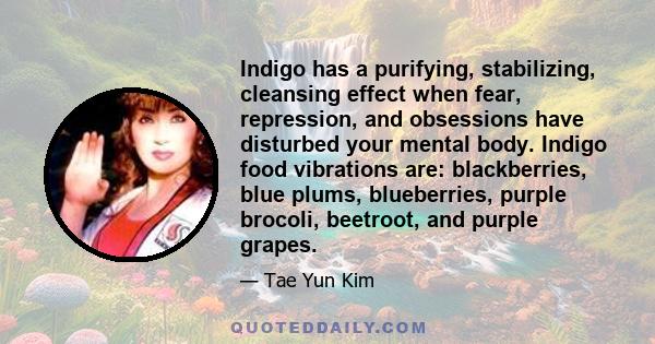 Indigo has a purifying, stabilizing, cleansing effect when fear, repression, and obsessions have disturbed your mental body. Indigo food vibrations are: blackberries, blue plums, blueberries, purple brocoli, beetroot,