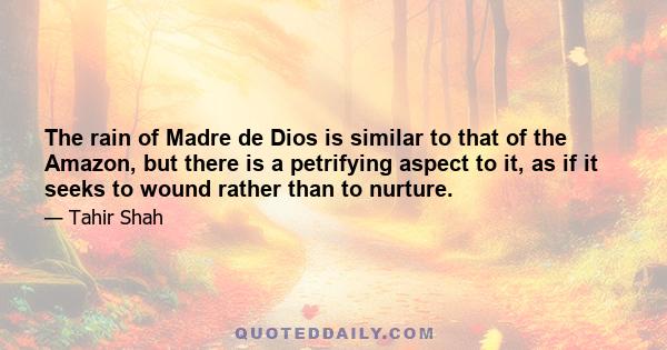 The rain of Madre de Dios is similar to that of the Amazon, but there is a petrifying aspect to it, as if it seeks to wound rather than to nurture.