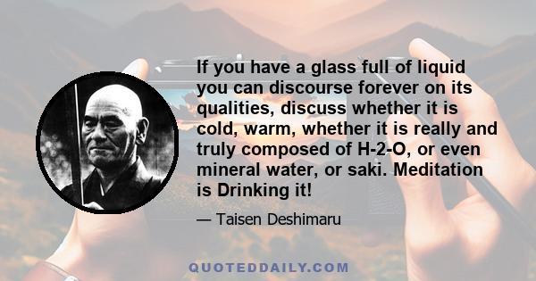 If you have a glass full of liquid you can discourse forever on its qualities, discuss whether it is cold, warm, whether it is really and truly composed of H-2-O, or even mineral water, or saki. Meditation is Drinking