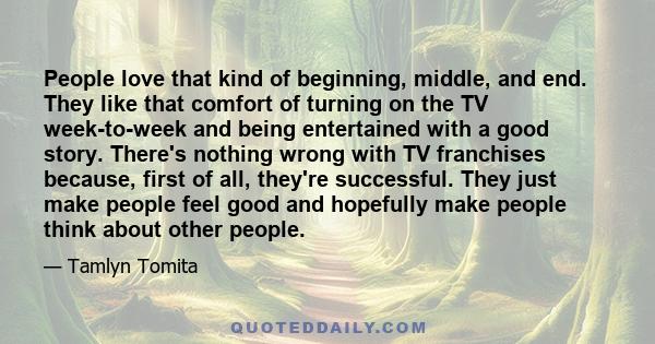 People love that kind of beginning, middle, and end. They like that comfort of turning on the TV week-to-week and being entertained with a good story. There's nothing wrong with TV franchises because, first of all,