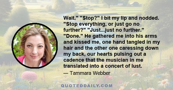 Wait. Stop? I bit my lip and nodded. Stop everything, or just go no further? Just...just no further. Done. He gathered me into his arms and kissed me, one hand tangled in my hair and the other one caressing down my