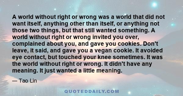 A world without right or wrong was a world that did not want itself, anything other than itself, or anything not those two things, but that still wanted something. A world without right or wrong invited you over,