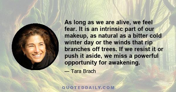 As long as we are alive, we feel fear. It is an intrinsic part of our makeup, as natural as a bitter cold winter day or the winds that rip branches off trees. If we resist it or push it aside, we miss a powerful