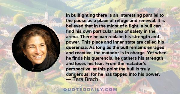 In bullfighting there is an interesting parallel to the pause as a place of refuge and renewal. It is believed that in the midst of a fight, a bull can find his own particular area of safety in the arena. There he can