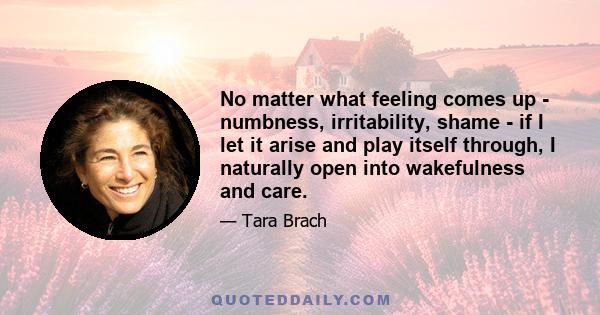 No matter what feeling comes up - numbness, irritability, shame - if I let it arise and play itself through, I naturally open into wakefulness and care.