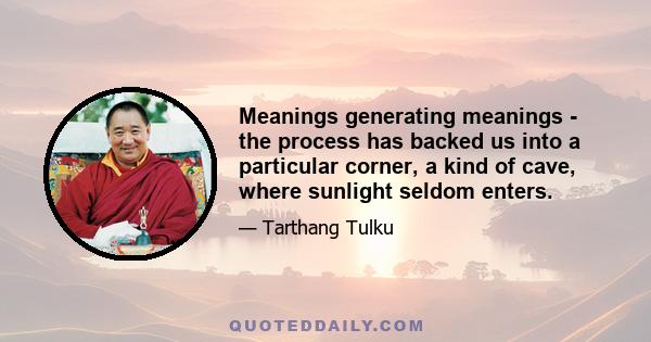 Meanings generating meanings - the process has backed us into a particular corner, a kind of cave, where sunlight seldom enters.