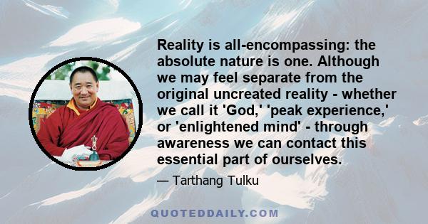 Reality is all-encompassing: the absolute nature is one. Although we may feel separate from the original uncreated reality - whether we call it 'God,' 'peak experience,' or 'enlightened mind' - through awareness we can