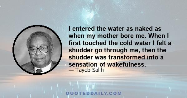 I entered the water as naked as when my mother bore me. When I first touched the cold water I felt a shudder go through me, then the shudder was transformed into a sensation of wakefulness.