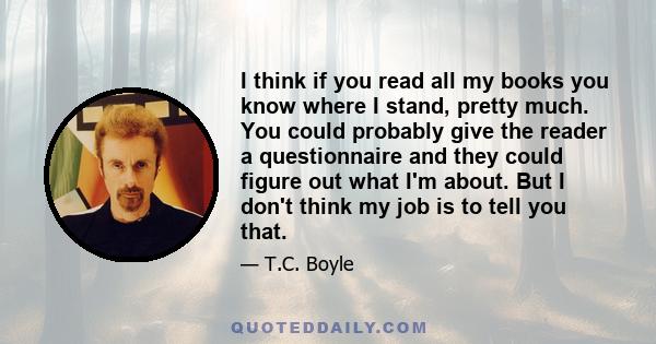 I think if you read all my books you know where I stand, pretty much. You could probably give the reader a questionnaire and they could figure out what I'm about. But I don't think my job is to tell you that.