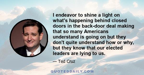 I endeavor to shine a light on what's happening behind closed doors in the back-door deal making that so many Americans understand is going on but they don't quite understand how or why, but they know that our elected