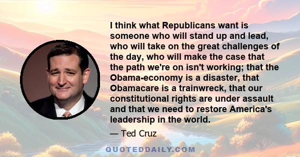 I think what Republicans want is someone who will stand up and lead, who will take on the great challenges of the day, who will make the case that the path we're on isn't working; that the Obama-economy is a disaster,