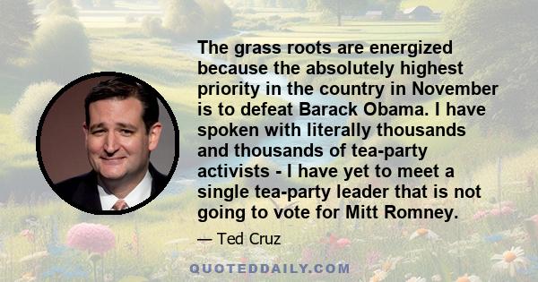 The grass roots are energized because the absolutely highest priority in the country in November is to defeat Barack Obama. I have spoken with literally thousands and thousands of tea-party activists - I have yet to