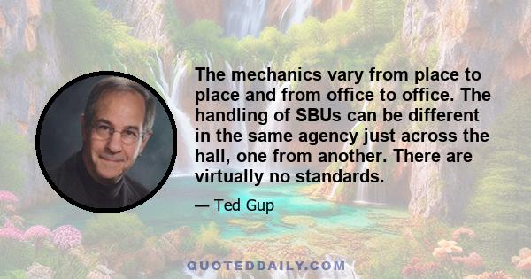 The mechanics vary from place to place and from office to office. The handling of SBUs can be different in the same agency just across the hall, one from another. There are virtually no standards.