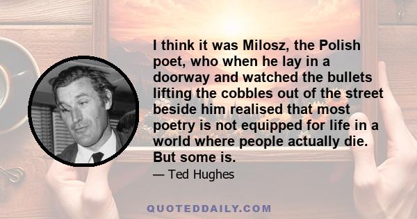 I think it was Milosz, the Polish poet, who when he lay in a doorway and watched the bullets lifting the cobbles out of the street beside him realised that most poetry is not equipped for life in a world where people