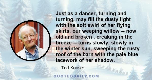 Just as a dancer, turning and turning, may fill the dusty light with the soft swirl of her flying skirts, our weeping willow -- now old and broken , creaking in the breeze -- turns slowly, slowly in the winter sun,