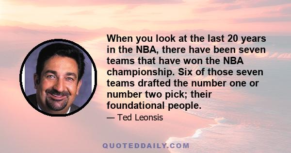 When you look at the last 20 years in the NBA, there have been seven teams that have won the NBA championship. Six of those seven teams drafted the number one or number two pick; their foundational people.