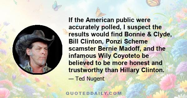 If the American public were accurately polled, I suspect the results would find Bonnie & Clyde, Bill Clinton, Ponzi Scheme scamster Bernie Madoff, and the infamous Wily Coyoteto be believed to be more honest and