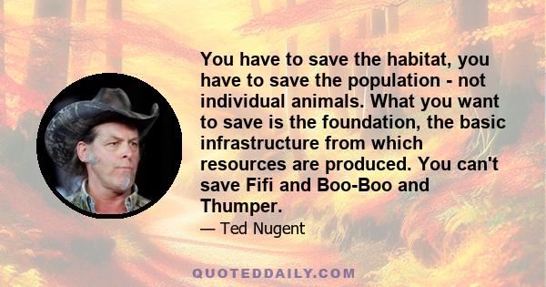 You have to save the habitat, you have to save the population - not individual animals. What you want to save is the foundation, the basic infrastructure from which resources are produced. You can't save Fifi and