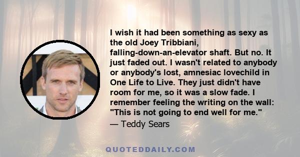 I wish it had been something as sexy as the old Joey Tribbiani, falling-down-an-elevator shaft. But no. It just faded out. I wasn't related to anybody or anybody's lost, amnesiac lovechild in One Life to Live. They just 