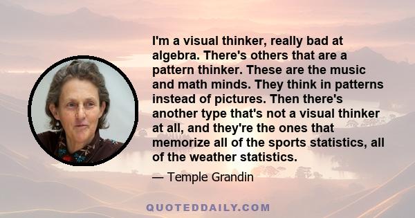 I'm a visual thinker, really bad at algebra. There's others that are a pattern thinker. These are the music and math minds. They think in patterns instead of pictures. Then there's another type that's not a visual