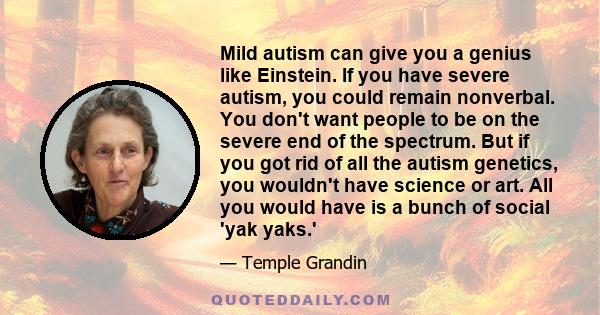 Mild autism can give you a genius like Einstein. If you have severe autism, you could remain nonverbal. You don't want people to be on the severe end of the spectrum. But if you got rid of all the autism genetics, you