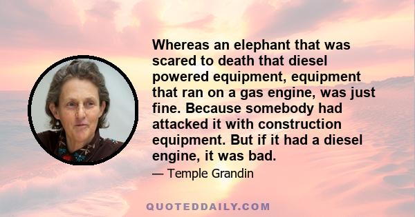 Whereas an elephant that was scared to death that diesel powered equipment, equipment that ran on a gas engine, was just fine. Because somebody had attacked it with construction equipment. But if it had a diesel engine, 