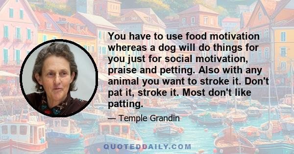 You have to use food motivation whereas a dog will do things for you just for social motivation, praise and petting. Also with any animal you want to stroke it. Don't pat it, stroke it. Most don't like patting.