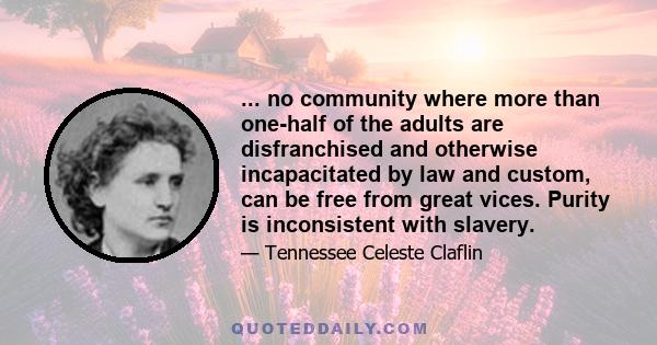 ... no community where more than one-half of the adults are disfranchised and otherwise incapacitated by law and custom, can be free from great vices. Purity is inconsistent with slavery.