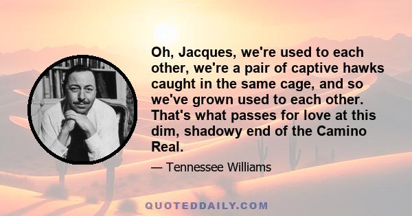 Oh, Jacques, we're used to each other, we're a pair of captive hawks caught in the same cage, and so we've grown used to each other. That's what passes for love at this dim, shadowy end of the Camino Real.