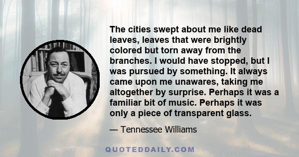 The cities swept about me like dead leaves, leaves that were brightly colored but torn away from the branches. I would have stopped, but I was pursued by something. It always came upon me unawares, taking me altogether