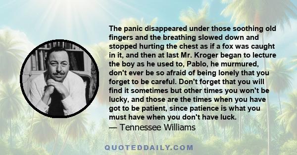 The panic disappeared under those soothing old fingers and the breathing slowed down and stopped hurting the chest as if a fox was caught in it, and then at last Mr. Kroger began to lecture the boy as he used to, Pablo, 