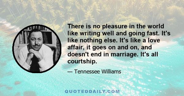 There is no pleasure in the world like writing well and going fast. It's like nothing else. It's like a love affair, it goes on and on, and doesn't end in marriage. It's all courtship.