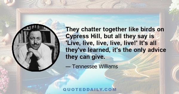 They chatter together like birds on Cypress Hill, but all they say is 'Live, live, live, live, live!' It's all they've learned, it's the only advice they can give.