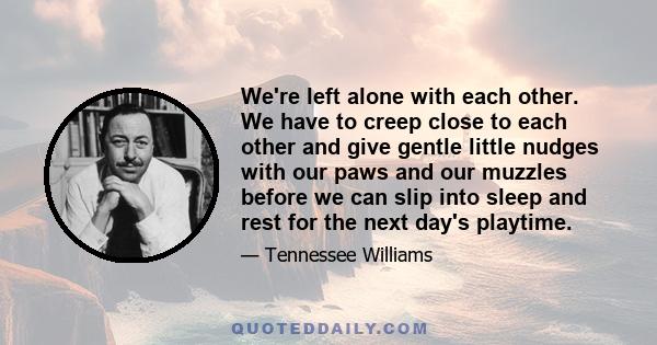 We're left alone with each other. We have to creep close to each other and give gentle little nudges with our paws and our muzzles before we can slip into sleep and rest for the next day's playtime.