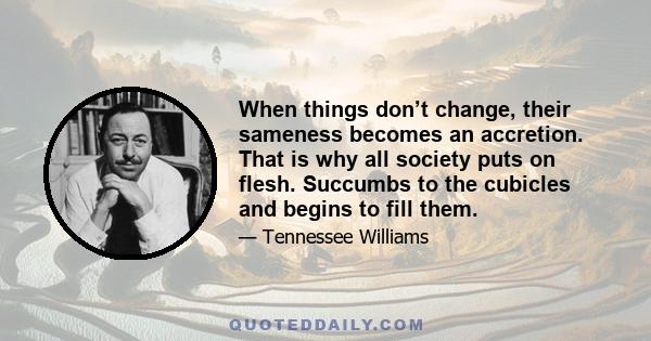 When things don’t change, their sameness becomes an accretion. That is why all society puts on flesh. Succumbs to the cubicles and begins to fill them.