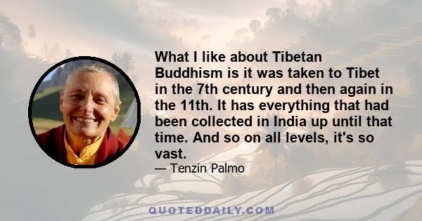 What I like about Tibetan Buddhism is it was taken to Tibet in the 7th century and then again in the 11th. It has everything that had been collected in India up until that time. And so on all levels, it's so vast.