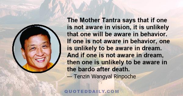 The Mother Tantra says that if one is not aware in vision, it is unlikely that one will be aware in behavior. If one is not aware in behavior, one is unlikely to be aware in dream. And if one is not aware in dream, then 