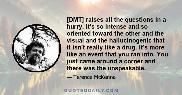 [DMT] raises all the questions in a hurry. It's so intense and so oriented toward the other and the visual and the hallucinogenic that it isn't really like a drug. It's more like an event that you ran into. You just